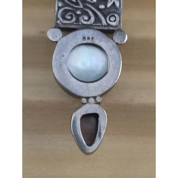 Vintage Sterling Silver Pendant Blue Pearl & Opal Artisan Intricate Engravings - Picture 5 of 8